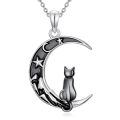 TOUPOP Sterling Silver & Stone Gothic Black Cat Wolf Raven Owl Moon Pendant Necklace-0-0