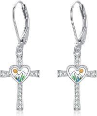 wholesale Sterling Silver & Abalone Shell Mustard Seed Cross Dangle Earrings with AAA CZ, Inspirational Christian Faith Jewelry Gift-Leverback