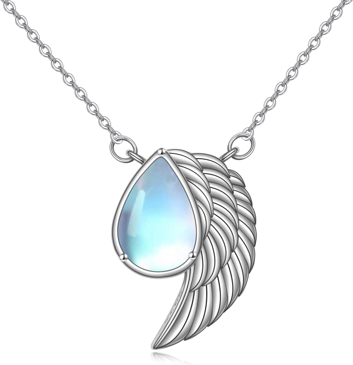 wholesale 925 Sterling Silver Angel Wing Teardrop Pendant Necklace with Blue Moonstone and Feather Design for Women Girls  48cm Chain Length-0-0