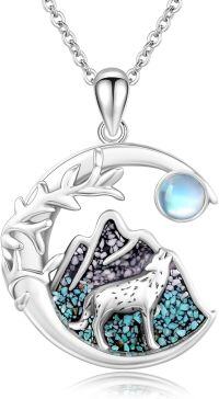 wholesale 925 Sterling Silver Turquoise & Moonstone Wolf Pendant Necklace-Turquoise Wolf