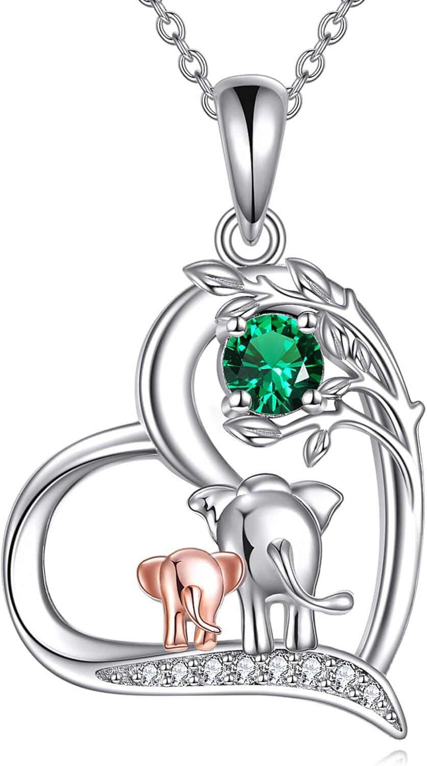  Sterling Silver Birthstone Elephant Pendant Necklace Cute Animal Jewelry Gift for Women Mom Wife -05-May Emerald