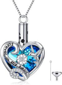 wholesale 925 Sterling Silver Heart-Shaped Cremation Jewelry Pendant with Hummingbird and Blue Crystal Fillers (Funeral Keepsake)-Hummingbird Urn Necklace