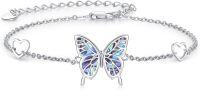 wholesale 925 Sterling Silver Blue Opal Inlaid Abalone Shell Butterfly Heart Charm Adjustable Bracelet for Women-Butterfly Bracelet - Abalone