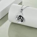 wholesale 925 Sterling Silver Black Enamel Horse & Girl Heart-Shaped Pendant Necklace w/ Cubic Zirconia Stones for Women-0-1