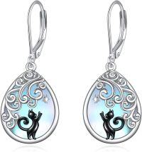 wholesale 925 Sterling Silver Moonstone Black Cat Filigree Teardrop Dangle Earrings-Black Cat