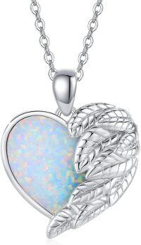 wholesale 925 Sterling Silver White Opal Heart with Angel Wings Pendant Necklaces - Elegant Fine s for Her-Healf Wing White Opal