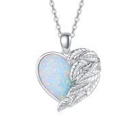 wholesale 925 Sterling Silver Angel Wing Heart Pendant Necklace Platinum Plated For Women-Healf Wing White Opal