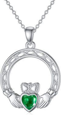 wholesale 925 Sterling Silver Claddagh Necklace w Simulated Birthstone Celtic Knot Heart Pendant-5-May
