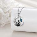wholesale 925 Sterling Silver Black Cat with Blue Butterfly on Crescent Moon Pendant Necklace for Women-0-1