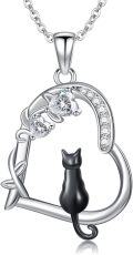 wholesale 925 Sterling Silver Cat in Heart Shape Pendant Necklace with Cubic Zirconia Stones - Cute  for Women Girlfriends Moms-0-0