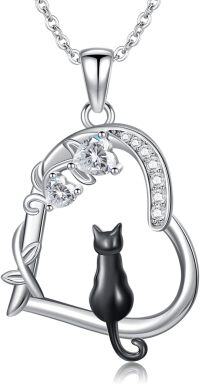 wholesale 925 Sterling Silver Cat in Heart Shape Pendant Necklace with Cubic Zirconia Stones - Cute  for Women Girlfriends Moms-Black Cat