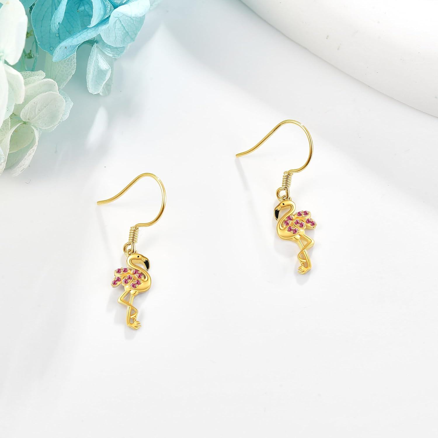 wholesale 14K Gold Flamingo Shape Pink Crystal Drop Earrings 14K Gold  s for Her-0-2