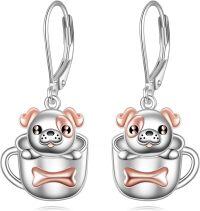 wholesale 925 Sterling Silver Dog in Mug Bone Charm Dangle Leverback Earrings for Women Girls -Bulldog