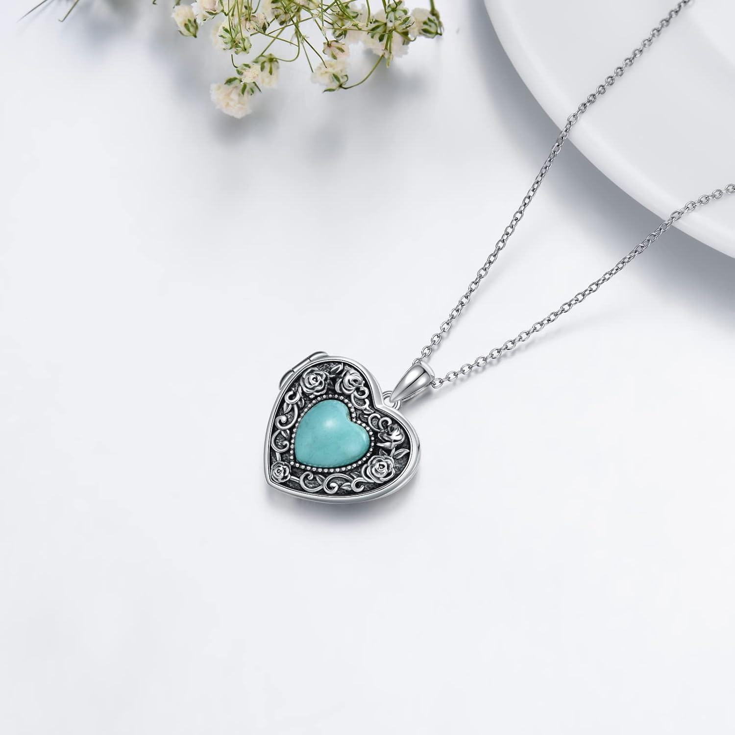 Sterling Silver Turquoise Heart Locket Necklace for Women Grandma-0-4