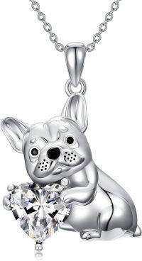 wholesale Metal Synthetic Stone French Bulldog Pendant Necklace for Women-April(White Crystal)