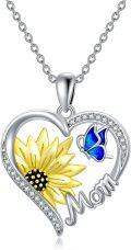 wholesale 925 Sterling Silver Mom Heart Pendant with Yellow Sunflower and Blue Butterfly Necklaces for Women-0-0