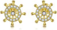 wholesale Gold Ship Wheel Crystal Stud Earrings for Women - 925 Sterling Silver Hypoallergenic  Set-Rudder