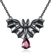 wholesale 925 Sterling Silver Bat with Red Cubic Zirconia and Black Stone Drop Pendant Necklace-Bat