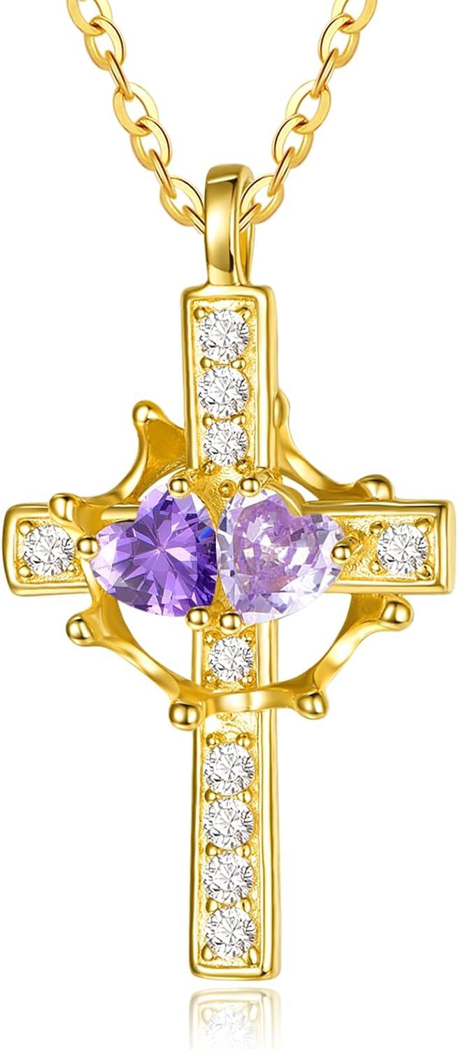 Sterling Silver Birthstones Gold Cross Necklace for Women -02-06-Feb-Jun-02-06-Feb-Jun