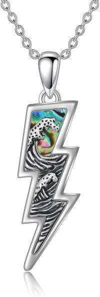 wholesale 925 Sterling Silver Lightning Bolt Necklace with Abalone Shell Wave and Leopard Print Skull Pendant-Wave(Abalone Shell)