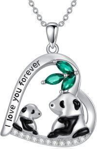 wholesale 925 Sterling Silver Heart-Shaped Mother and Baby Panda Pendant Necklace with Green Stones - Gifts for Women & Girls-Panda Necklace