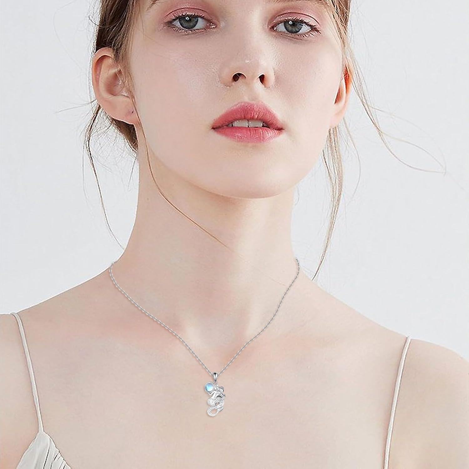 Sterling Silver Moonstone Mermaid Tail Pendant Necklace Ocean Jewelry-0-1