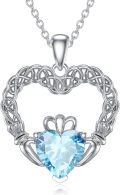wholesale 925 Sterling Silver & Aquamarine Irish Claddagh Necklace - March Birthstone Heart Pendant 20mm, 18+2 Extender Chain, Gift for Her-0-0