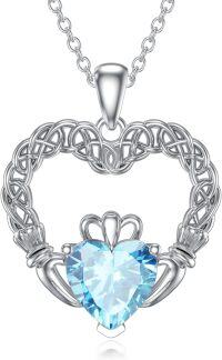 wholesale 925 Sterling Silver & Aquamarine Irish Claddagh Necklace - March Birthstone Heart Pendant 20mm, 18+2 Extender Chain, Gift for Her-March(Aquamarine)