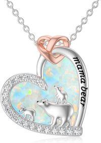 wholesale 925 Sterling Silver Mama Bear Opal Heart Necklace with 2 Cubs Jewelry for Women Wife Grandma Mothers Day Gift-Mama Bear with 2 Cubs (White Opal)