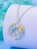 wholesale Dolphin Necklace Valentines Day Gifts For Her S925 Sterling Silver Jewelry Opal Dolphin Pendant Ocean Wave Necklace Jewelry Gifts For Women Her Mom Girlfriend, 18+2 Inch -0-4