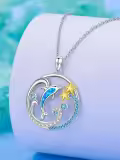 TOUPOP Sterling Silver Opal Dolphin Ocean Wave Pendant Necklace-0-4