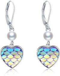 wholesale 925 Sterling Silver Heart-Shaped Mermaid Scale Drop Earrings with Pearl Accents for Women and Girls-Pearl