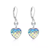 wholesale 925 Sterling Silver Heart-Shaped Mermaid Scale Drop Earrings Wholesale with Pearl Accents for Women and Girls-Pearl