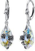 wholesale 925 Sterling Silver Teardrop Crystal Aurora Borealis Drop Dangle Earrings with Flowers and Leaves Design for Women's Gift-0-23