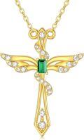 wholesale 14K Gold Created Emerald Angel Wings Cross Pendant Necklace for Women - Mothers Day Gifts-0-0