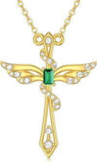 wholesale 14K Gold Created Emerald Angel Wings Cross Pendant Necklace for Women - Mothers Day Gifts-Style 1