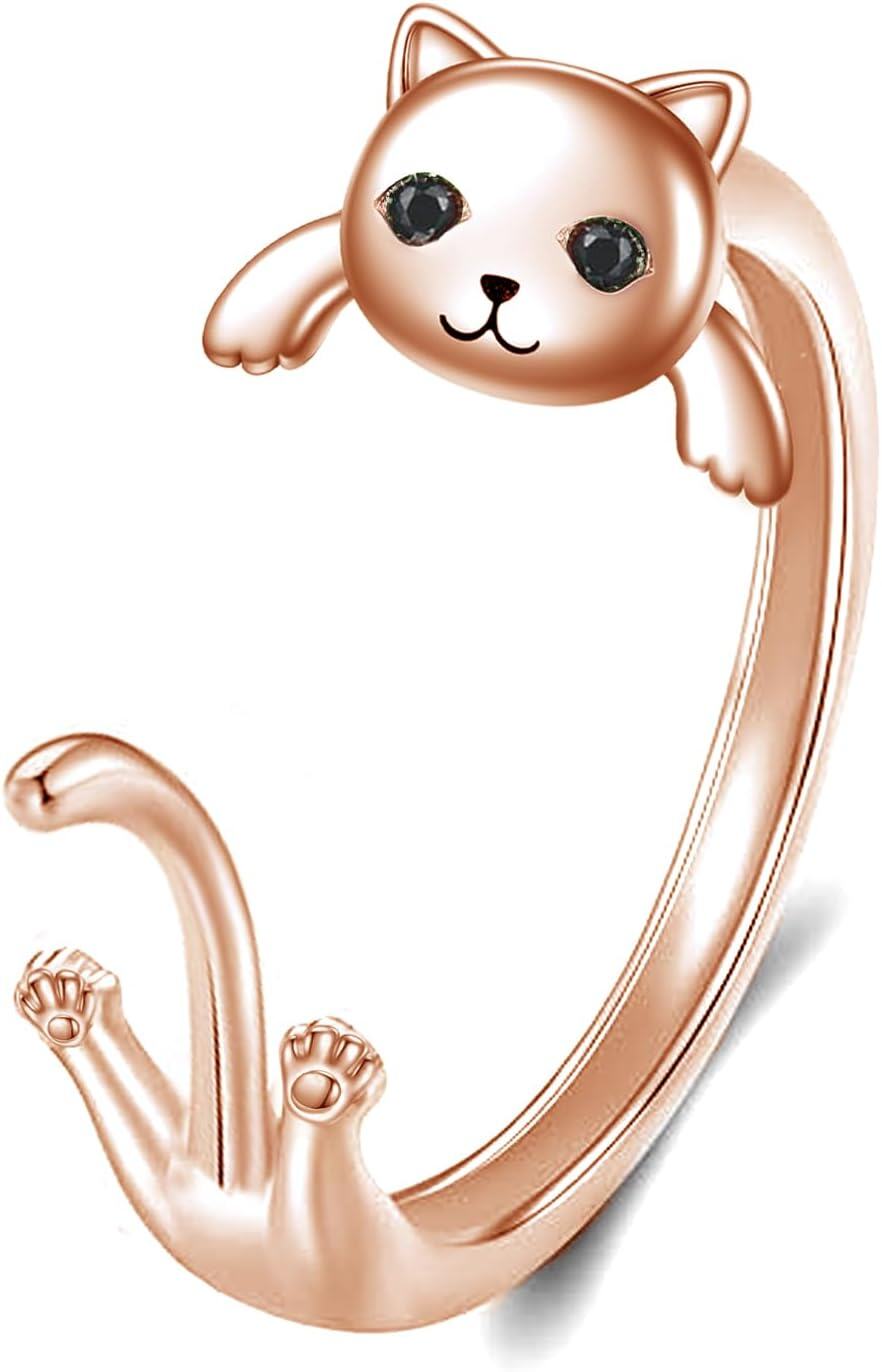 Sterling Silver Gold Plated Black Cat Open Ring for Women Men-Rose Gold Cat Ring