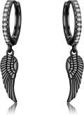 wholesale 925 Sterling Silver Black Enamel Wing & CZ Huggie Hoops for Women Men 925 Sterling Silver Earings Minimalist Fine  Idea-0-0
