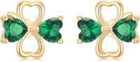 wholesale 14K Solid Gold Green Crystal Heart-Shaped Stud Earrings with Leverbacks-Clover
