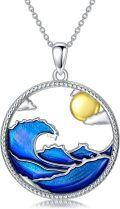 wholesale 925 Sterling Silver Blue Enamel Ocean Wave Moon Mama Bear Pendant Necklace for Nature Lovers-0-0