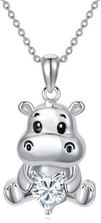 wholesale Sterling Silver Animal Birthstone Necklace Otter Axolotl Hippo Pendant Jewelry Gift for Women-04-Apr-Hippo