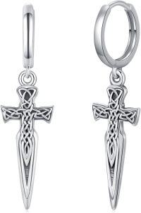 wholesale 925 Sterling Silver Celtic Knot Sword Cross Dangle Earring Set - Gothic Medieval Style Hoops for Men & Women-A1-Sword Earrings