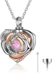 wholesale  Sterling Silver Birthstone Cremation Urn Necklace for Ashes Custom Memorial Jewelry with Free Engraving -Style 4:rose
