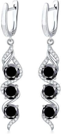 wholesale Sterling Silver 5mm Round Cut Genuine Created Gemstone Leverback 3 Birthstone Dangle Earrings-Black