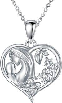 wholesale 925 Sterling Silver Mother and Child Floral Heart Pendant Necklace with Cubic Zirconia Stones for Mom/Wife-C