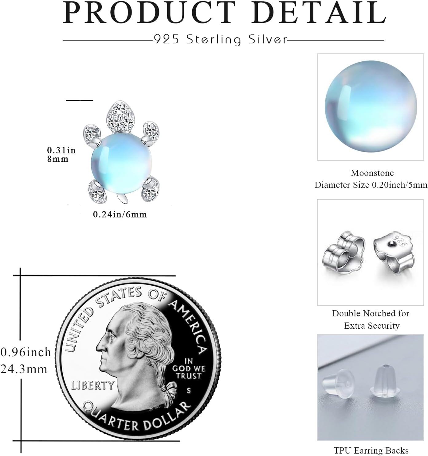 Sterling Silver Moonstone Sea Turtle Stud Earrings Hypoallergenic Ocean Jewelry-0-3