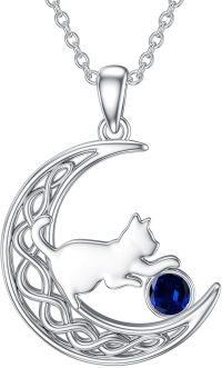 wholesale Sterling Silver Birthstone Cat in Moon Pendant Necklace for Women-September