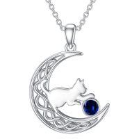 wholesale 925 Sterling Silver Cat And Moon Necklace Wholesale With Ruby Charm-September