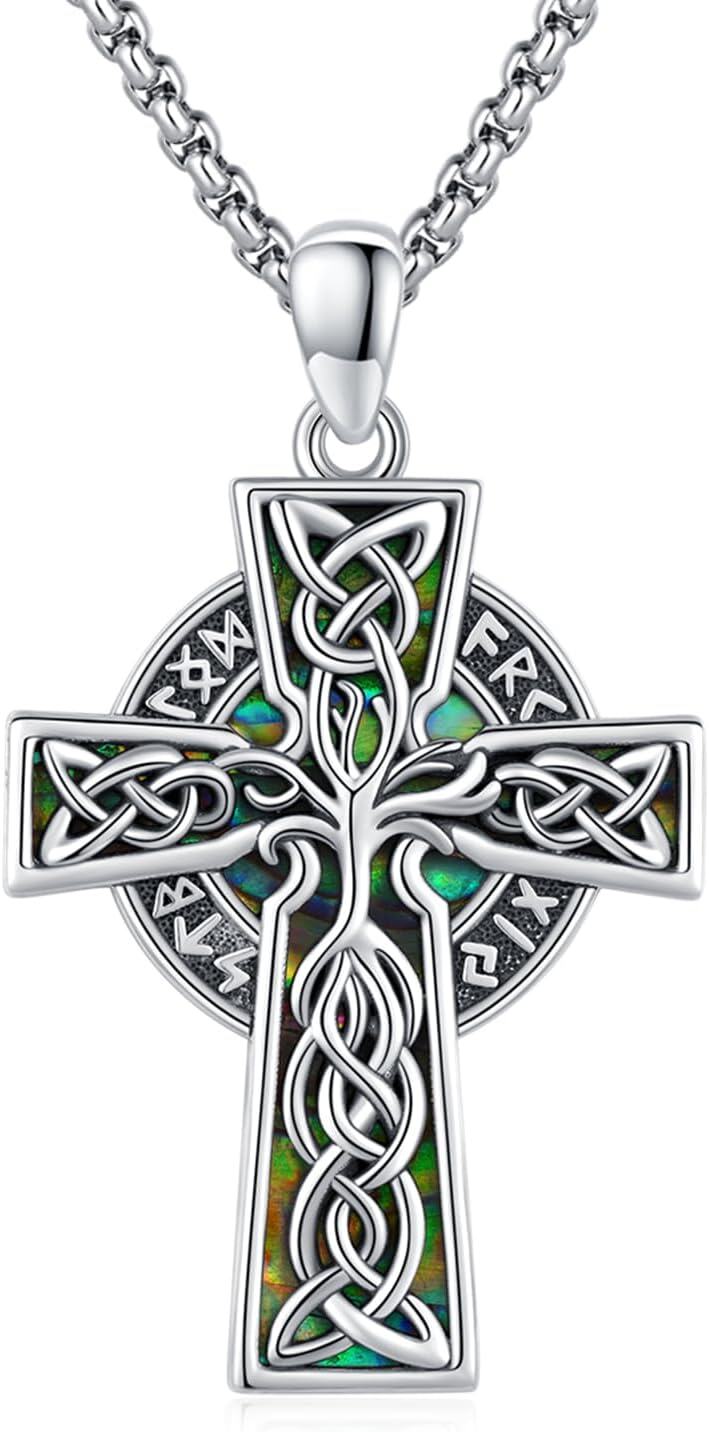 wholesale 925 Sterling Silver Celtic Knot Cross Pendant with Green Abalone Shell Inlay Norse Valknut Amulet Necklace for Men & Women with Stainless Steel Chain-0-0