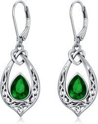 wholesale Sterling Silver 8 6mm Simulated Birthstone Celtic Knot Dangle Earrings-Emerald Green